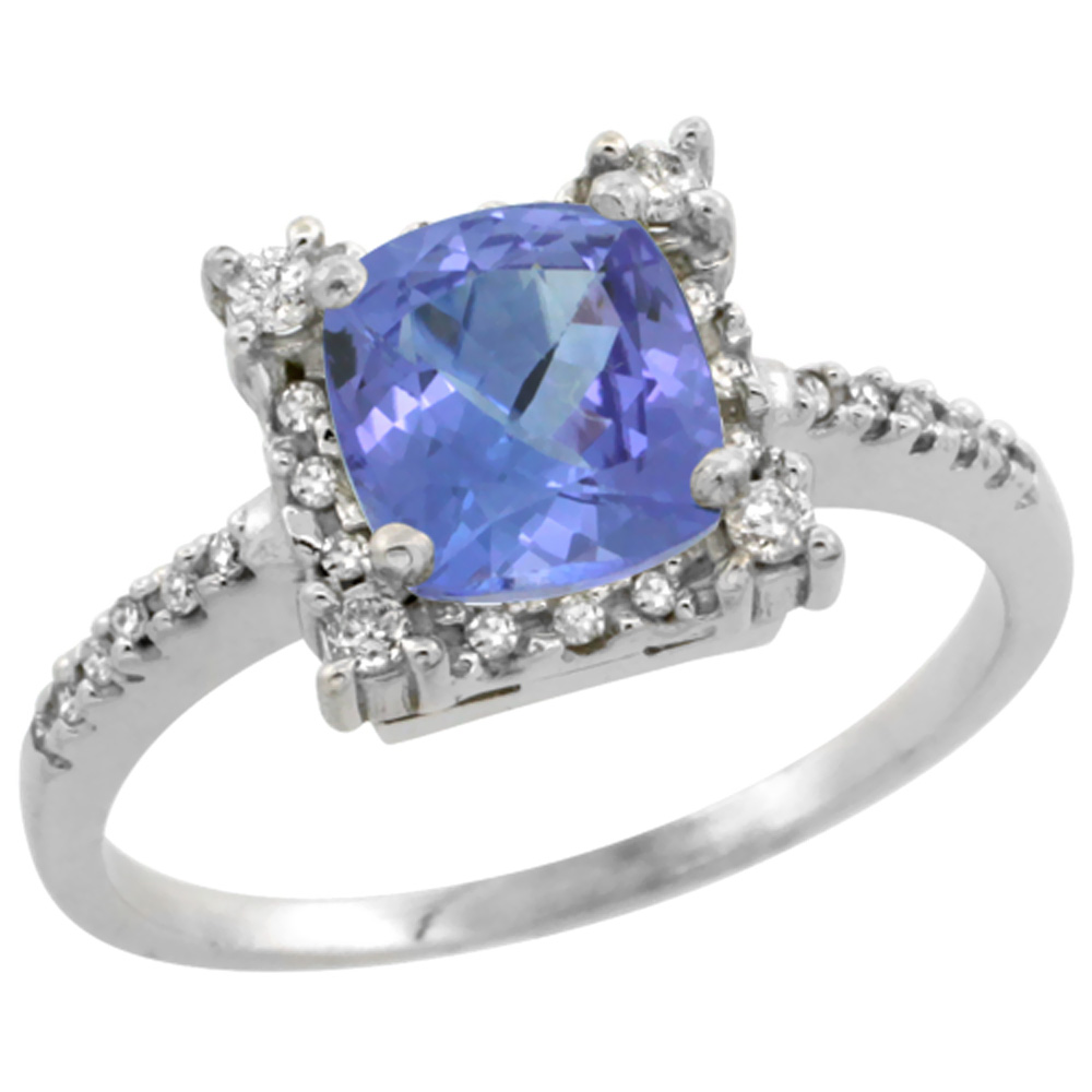 14K White Gold Natural Tanzanite Ring Cushion-cut 6x6mm Diamond Halo, sizes 5-10