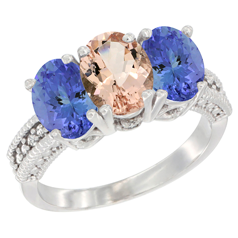 10K White Gold Diamond Natural Morganite & Tanzanite Ring 3-Stone 7x5 mm Oval, sizes 5 - 10