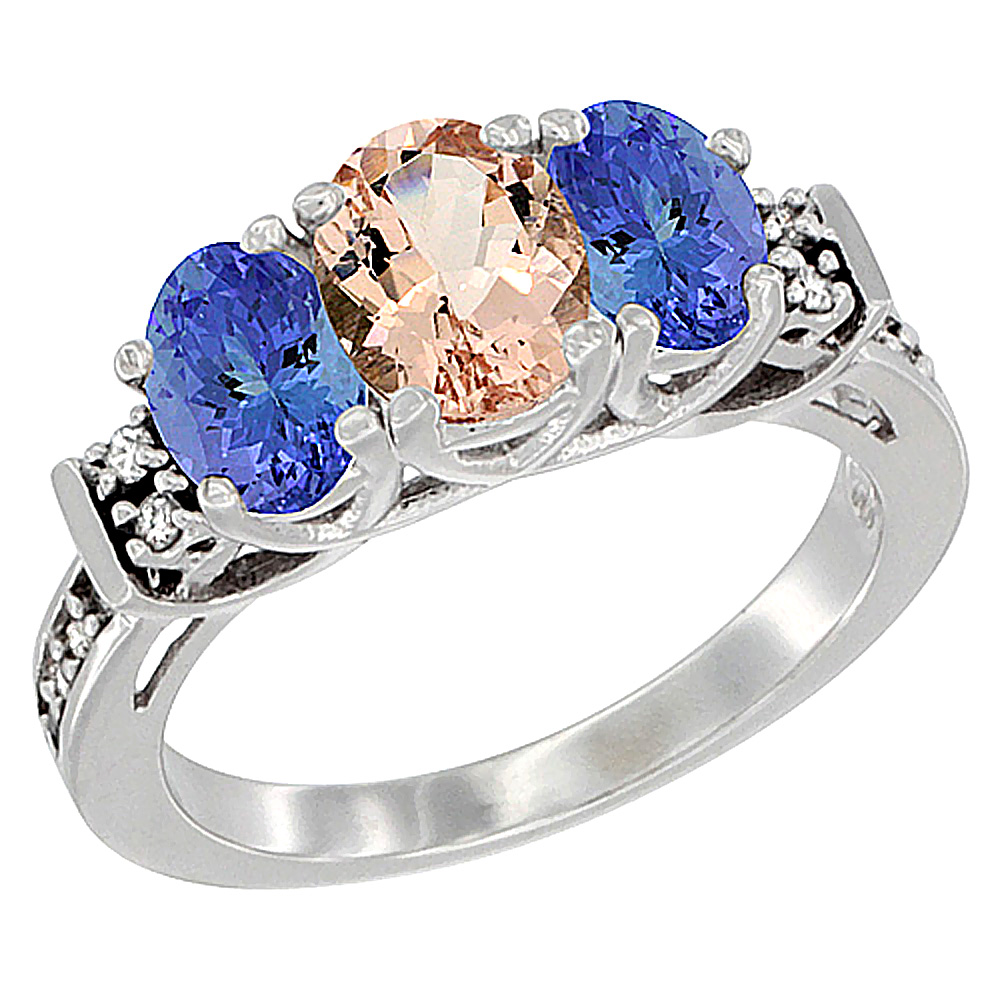 10K White Gold Natural Morganite & Tanzanite Ring 3-Stone Oval Diamond Accent, sizes 5-10