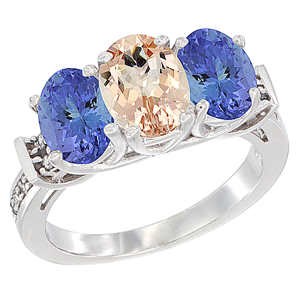 14K White Gold Natural Morganite & Tanzanite Sides Ring 3-Stone Oval Diamond Accent, sizes 5 - 10