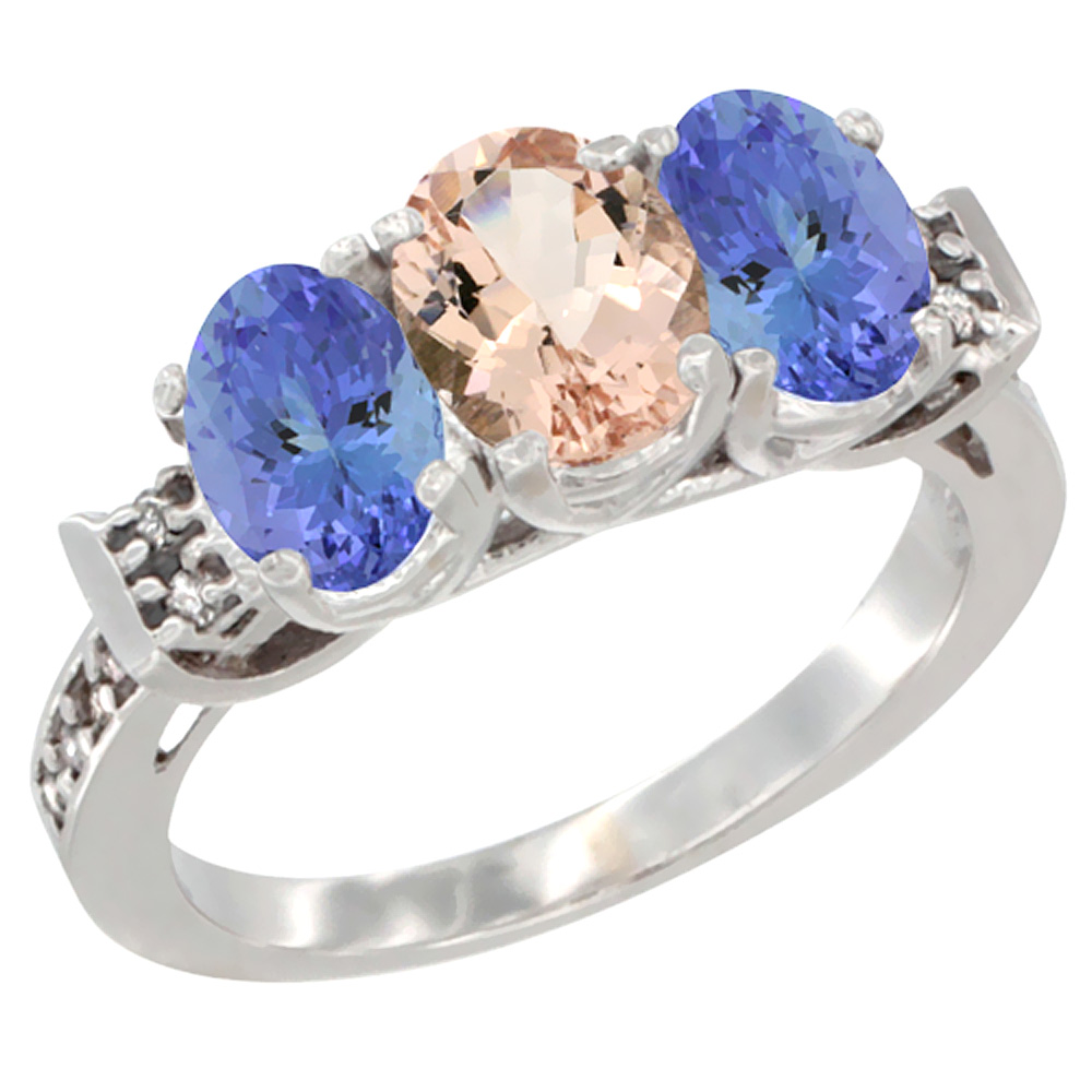 10K White Gold Natural Morganite & Tanzanite Sides Ring 3-Stone Oval 7x5 mm Diamond Accent, sizes 5 - 10