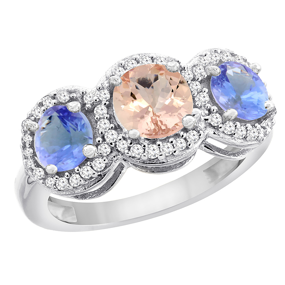 14K White Gold Natural Morganite & Tanzanite Sides Round 3-stone Ring Diamond Accents, sizes 5 - 10