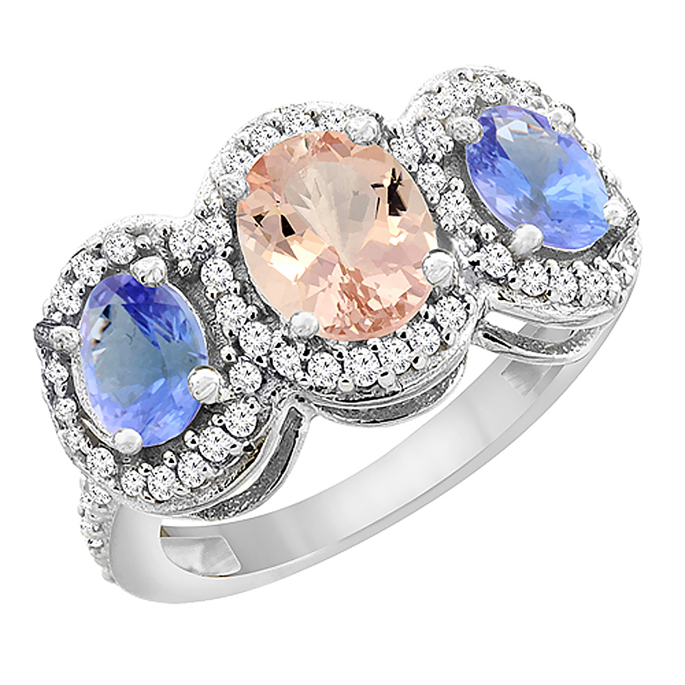 10K White Gold Natural Morganite & Tanzanite 3-Stone Ring Oval Diamond Accent, sizes 5 - 10