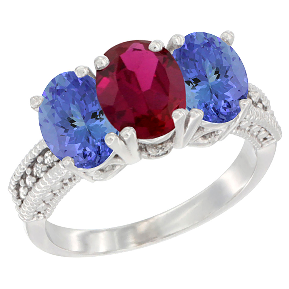 10K White Gold Diamond Enhanced Ruby & Natural Tanzanite Ring 3-Stone 7x5 mm Oval, sizes 5 - 10