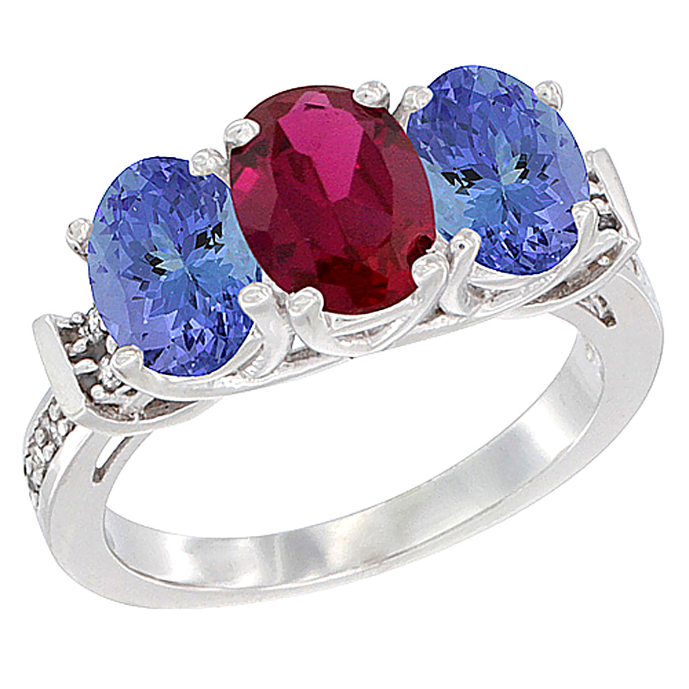 14K White Gold Enhanced Ruby &amp; Tanzanite Sides Ring 3-Stone Oval Diamond Accent, sizes 5 - 10