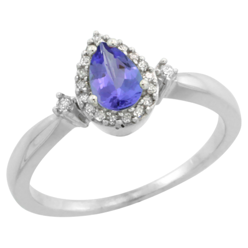 14K White Gold Diamond Natural Tanzanite Ring Pear 6x4mm, sizes 5-10