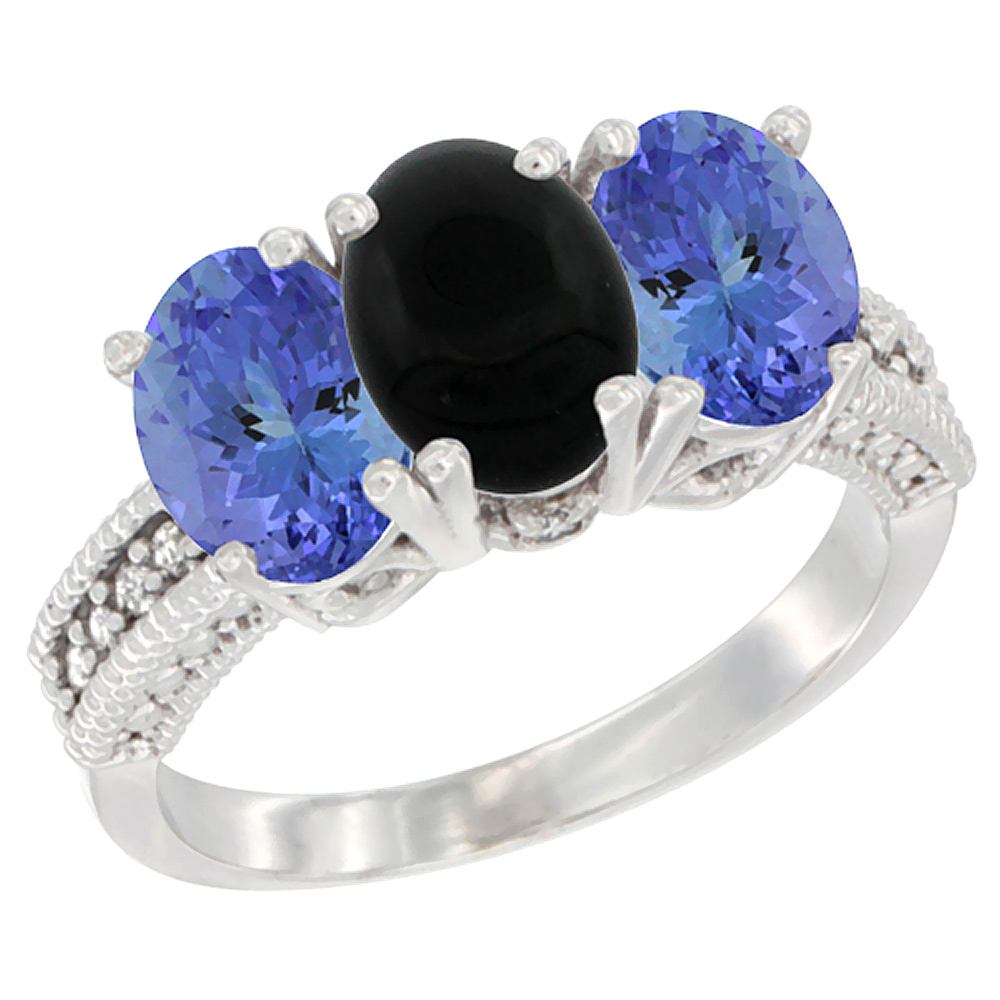 10K White Gold Diamond Natural Black Onyx & Tanzanite Ring 3-Stone 7x5 mm Oval, sizes 5 - 10