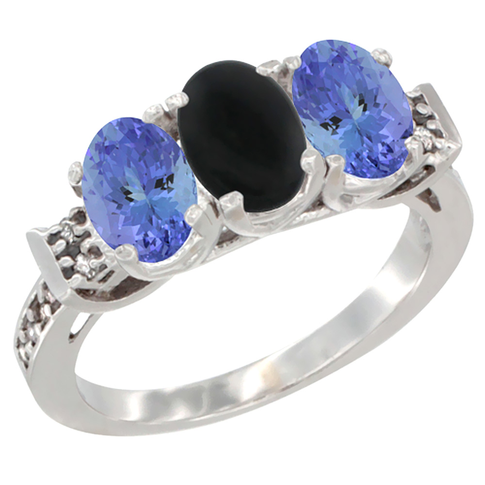 14K White Gold Natural Black Onyx &amp; Tanzanite Ring 3-Stone 7x5 mm Oval Diamond Accent, sizes 5 - 10