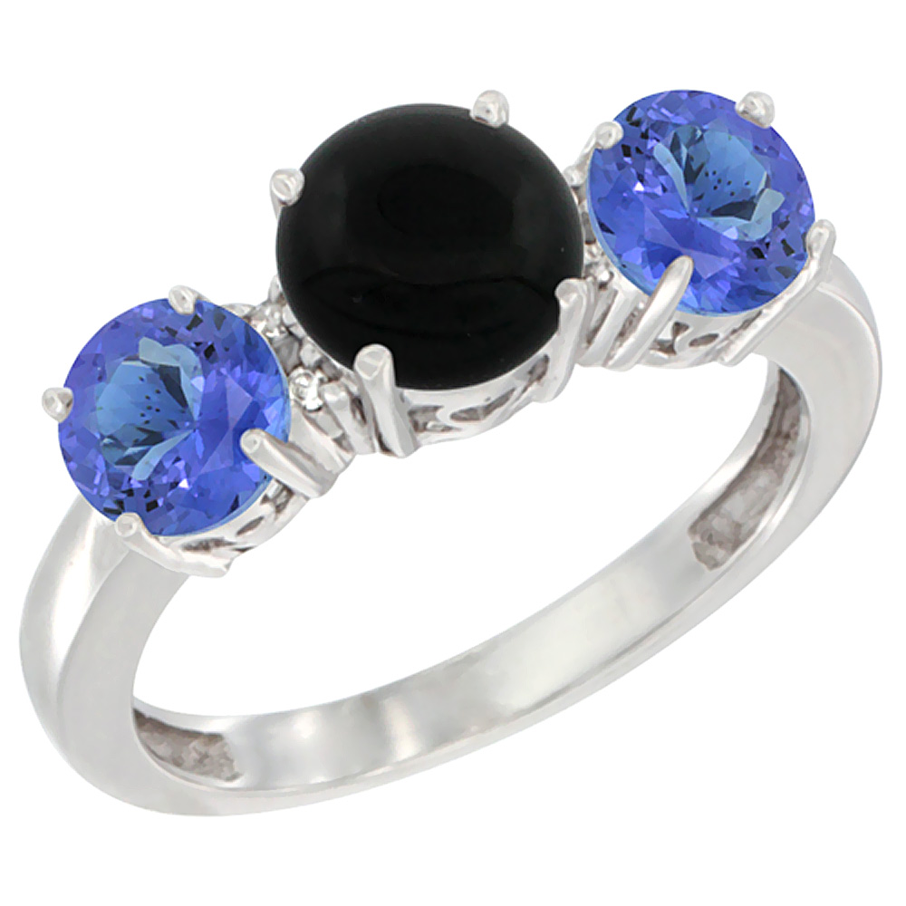 10K White Gold Round 3-Stone Natural Black Onyx Ring &amp; Tanzanite Sides Diamond Accent, sizes 5 - 10