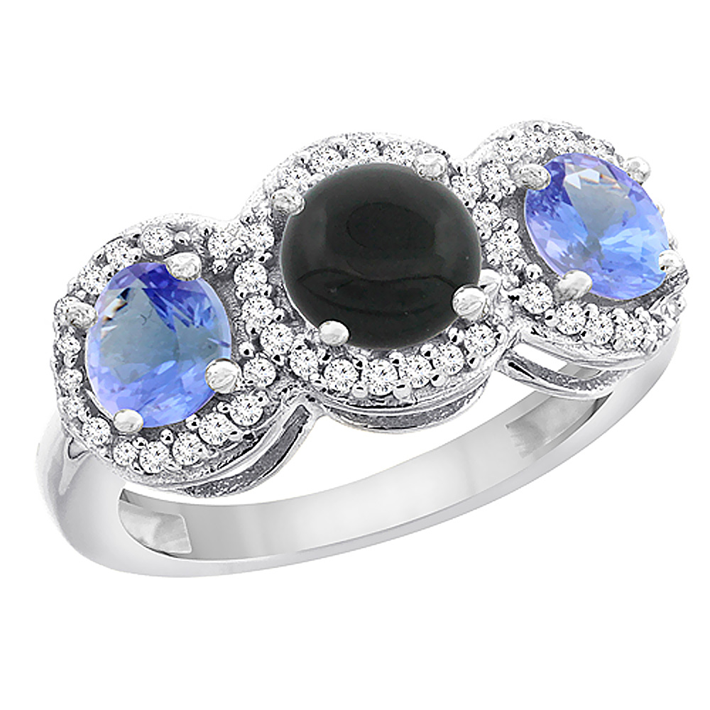 10K White Gold Natural Black Onyx &amp; Tanzanite Sides Round 3-stone Ring Diamond Accents, sizes 5 - 10