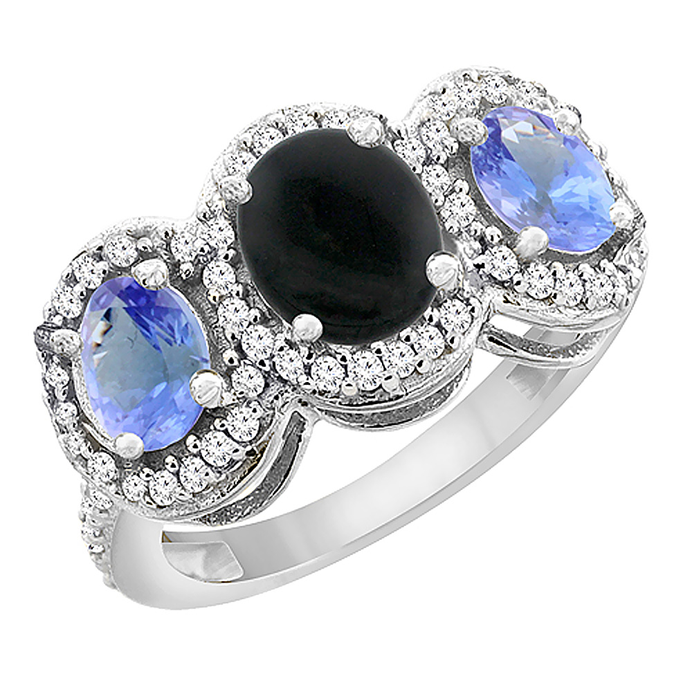 14K White Gold Natural Black Onyx &amp; Tanzanite 3-Stone Ring Oval Diamond Accent, sizes 5 - 10