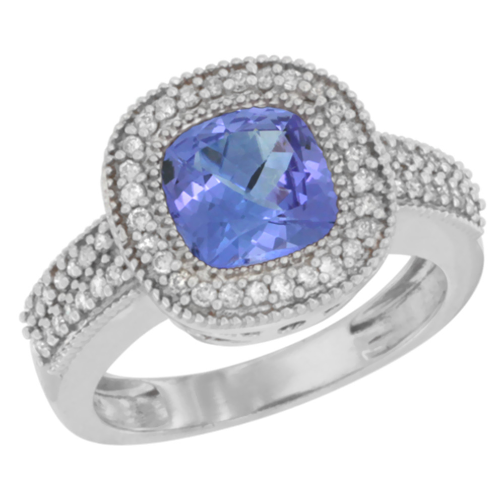 14K White Gold Natural Tanzanite Ring Cushion-cut 7x7mm Diamond Accent, sizes 5-10