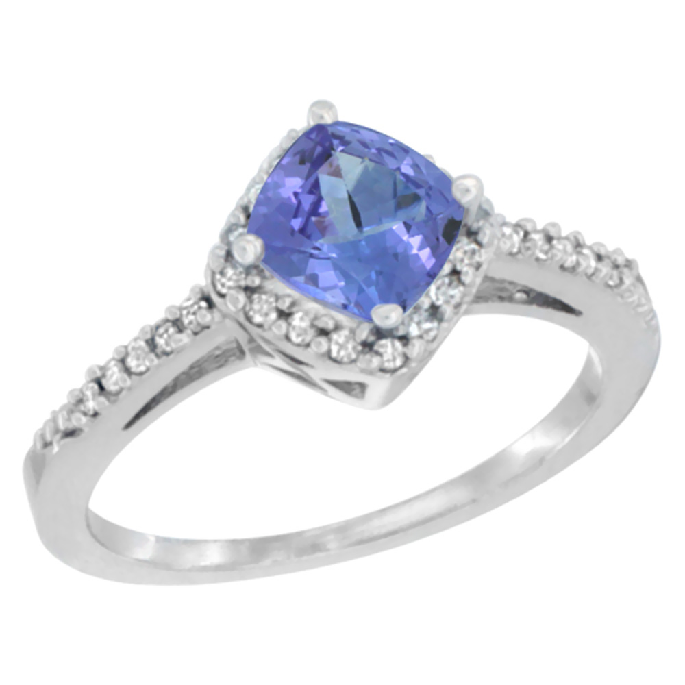 10K White Gold Natural Tanzanite Ring Cushion-cut 6mm Halo Diamond Accent, sizes 5 - 10