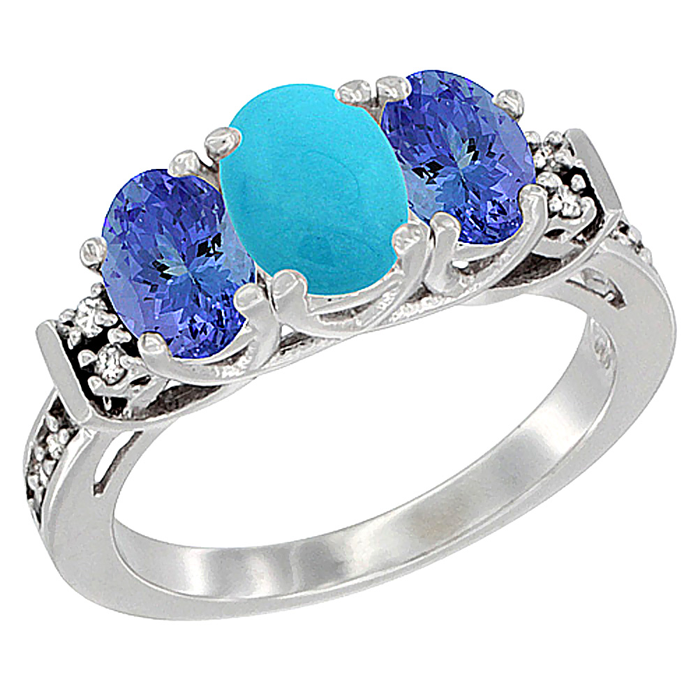 14K White Gold Natural Turquoise & Tanzanite Ring 3-Stone Oval Diamond Accent, sizes 5-10