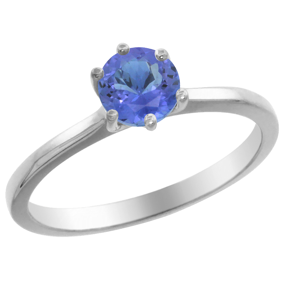 14K White Gold Natural Tanzanite Solitaire Ring Round 6mm, sizes 5 - 10