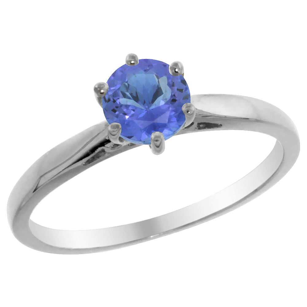 14K White Gold Natural Tanzanite Solitaire Ring Round 5mm, sizes 5 - 10