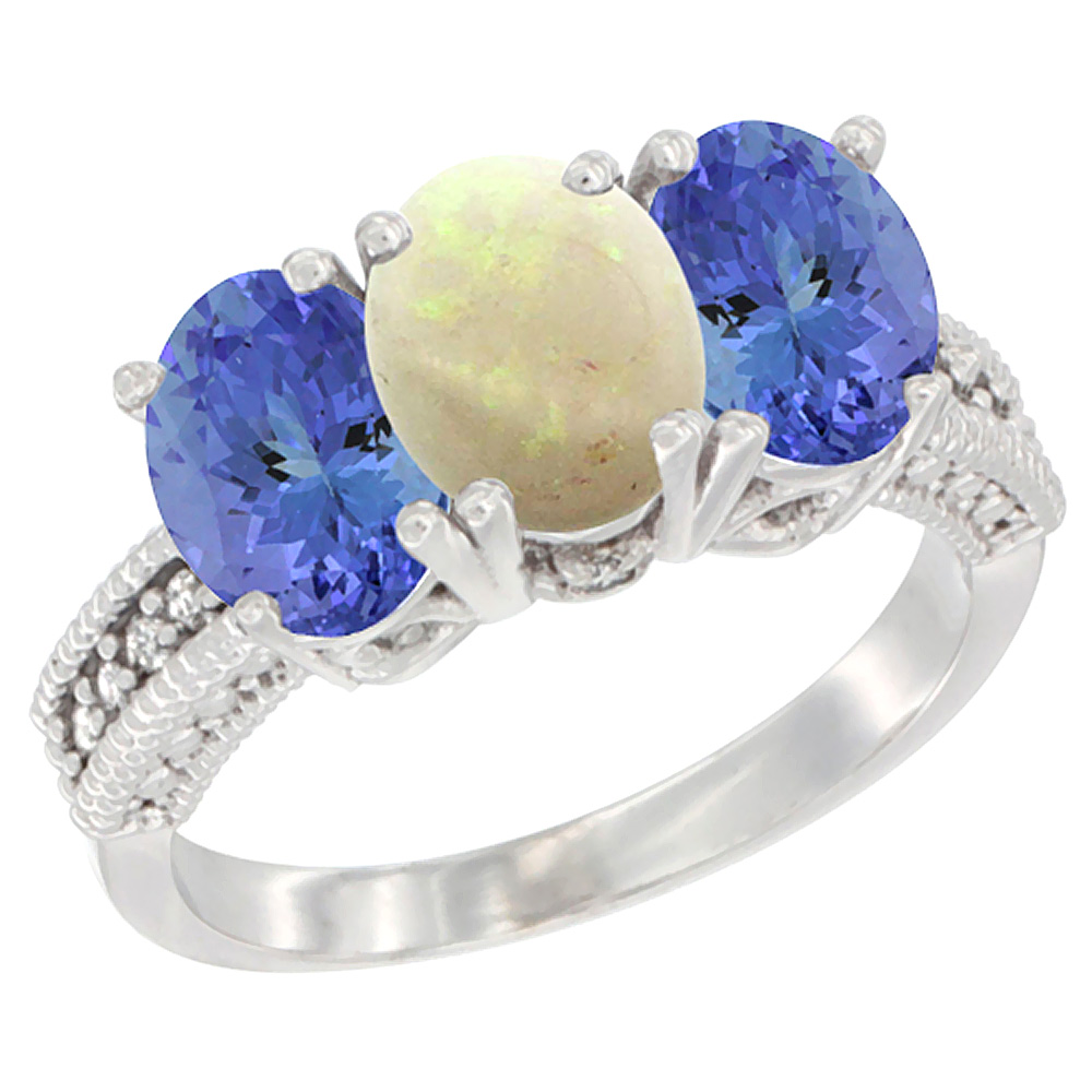 10K White Gold Diamond Natural Opal & Tanzanite Ring 3-Stone 7x5 mm Oval, sizes 5 - 10