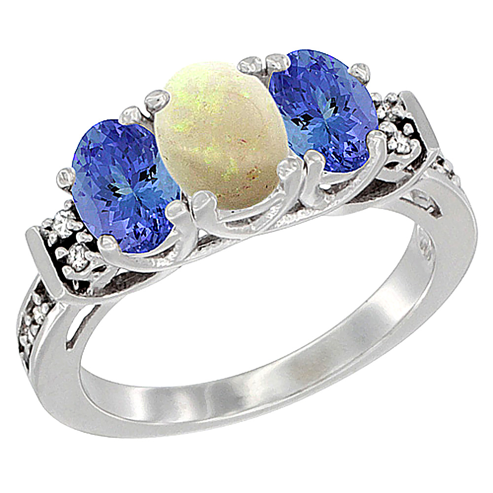 14K White Gold Natural Opal &amp; Tanzanite Ring 3-Stone Oval Diamond Accent, sizes 5-10