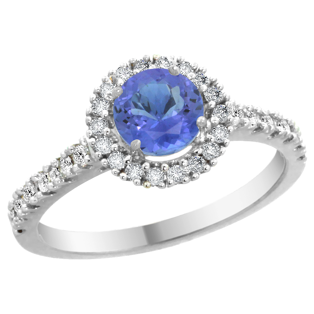 14K White Gold Diamond Halo Natural Tanzanite Ring Round 6mm, sizes 5 - 10