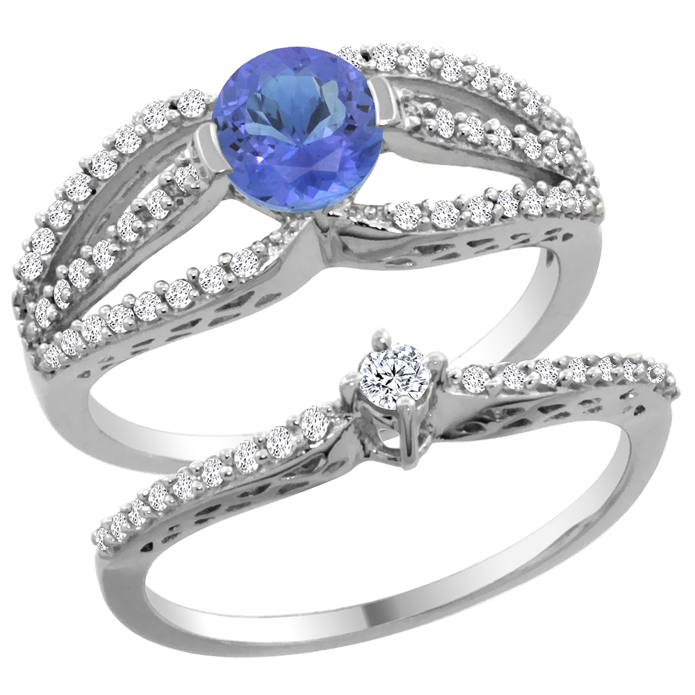 14K White Gold Natural Tanzanite 2-piece Engagement Ring Set Round 5mm, sizes 5 - 10