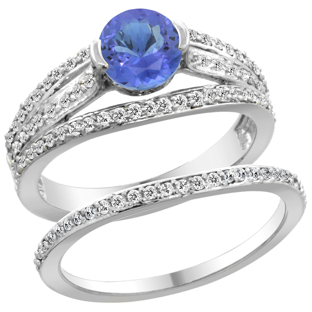 14K White Gold Natural Tanzanite 2-piece Engagement Ring Set Round 6mm, sizes 5 - 10