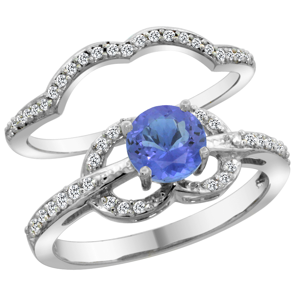 14K White Gold Natural Tanzanite 2-piece Engagement Ring Set Round 6mm, sizes 5 - 10