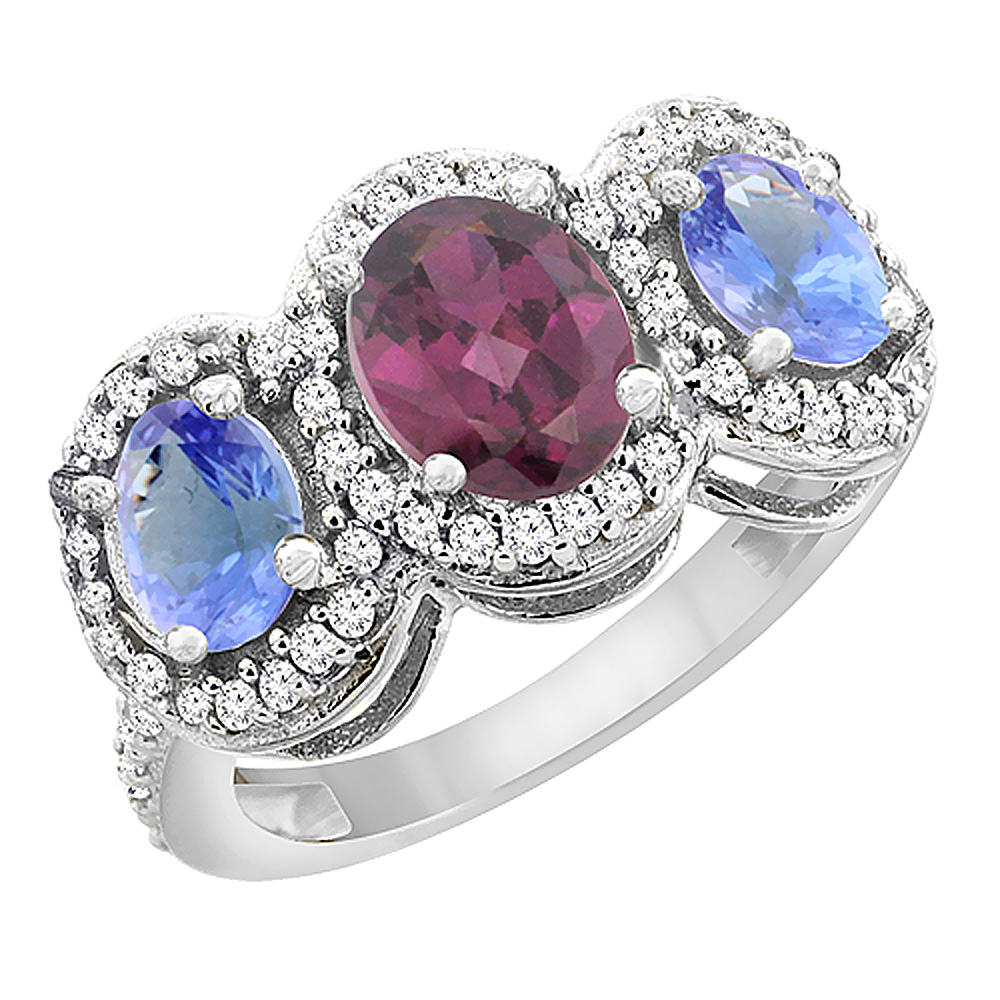 10K White Gold Natural Rhodolite &amp; Tanzanite 3-Stone Ring Oval Diamond Accent, sizes 5 - 10