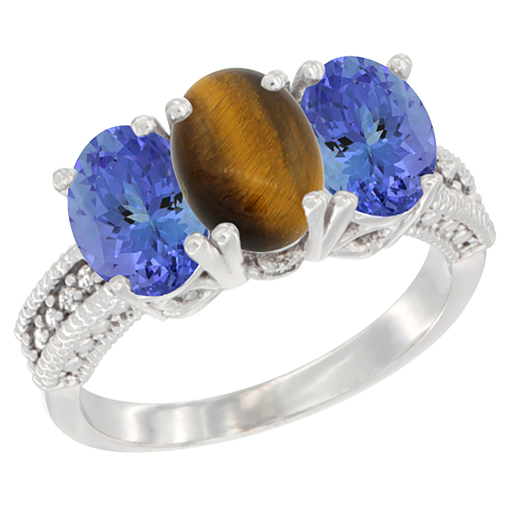 10K White Gold Diamond Natural Tiger Eye &amp; Tanzanite Ring 3-Stone 7x5 mm Oval, sizes 5 - 10