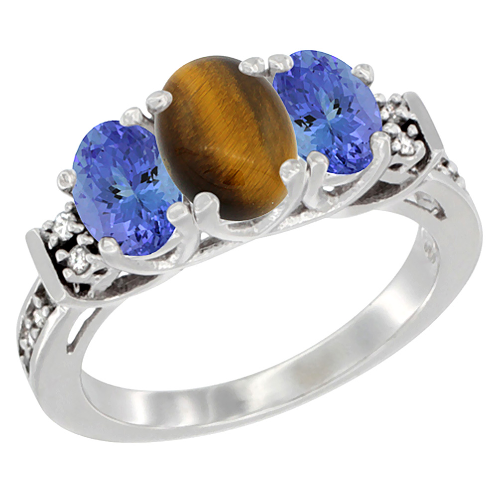 10K White Gold Natural Tiger Eye & Tanzanite Ring 3-Stone Oval Diamond Accent, sizes 5-10