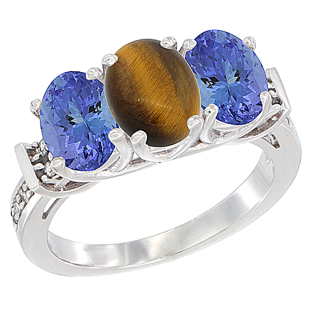 10K White Gold Natural Tiger Eye & Tanzanite Sides Ring 3-Stone Oval Diamond Accent, sizes 5 - 10