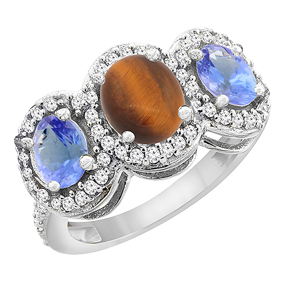 10K White Gold Natural Tiger Eye & Tanzanite 3-Stone Ring Oval Diamond Accent, sizes 5 - 10