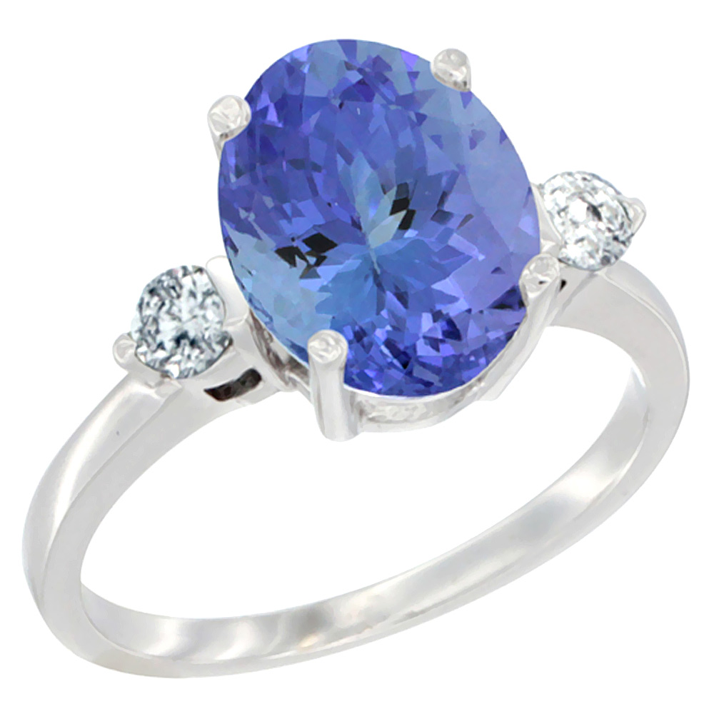 14K White Gold 10x8mm Oval Natural Tanzanite Ring for Women Diamond Side-stones sizes 5 - 10