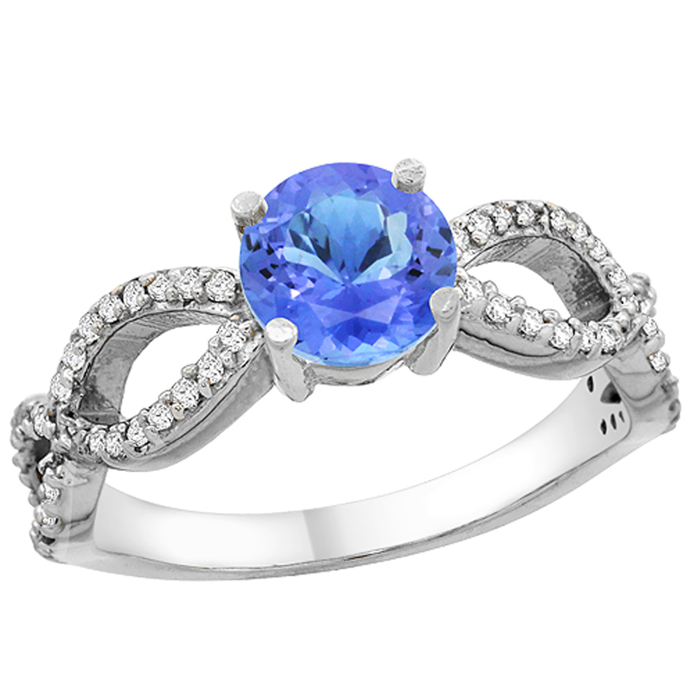 14K White Gold Natural Tanzanite Ring Round 6mm Infinity Diamond Accents, sizes 5 - 10