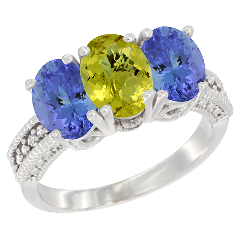 14K White Gold Natural Lemon Quartz Ring with Tanzanite 3-Stone 7x5 mm Oval Diamond Accent, sizes 5 - 10