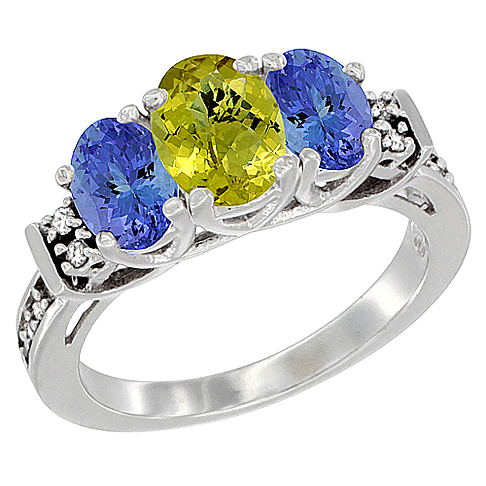 14K White Gold Natural Lemon Quartz &amp; Tanzanite Ring 3-Stone Oval Diamond Accent, sizes 5-10