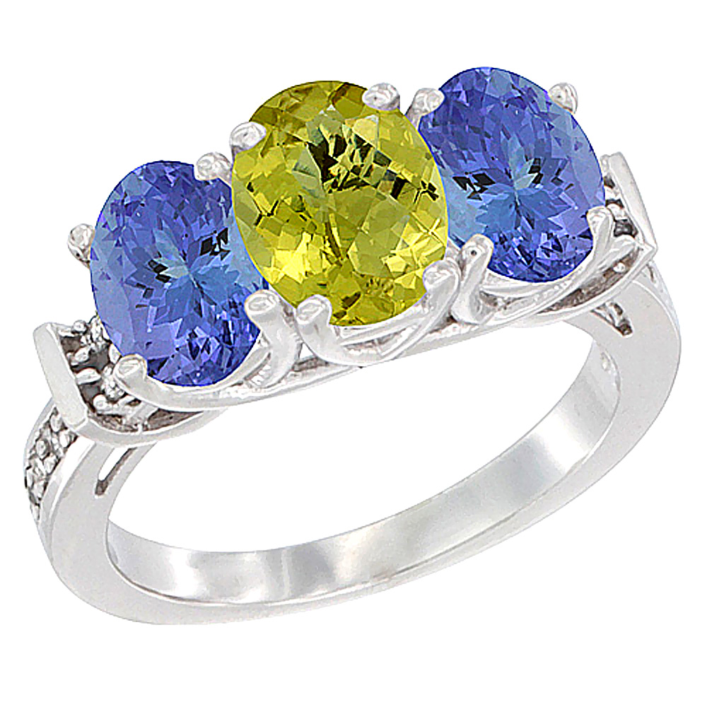 14K White Gold Natural Lemon Quartz & Tanzanite Sides Ring 3-Stone Oval Diamond Accent, sizes 5 - 10