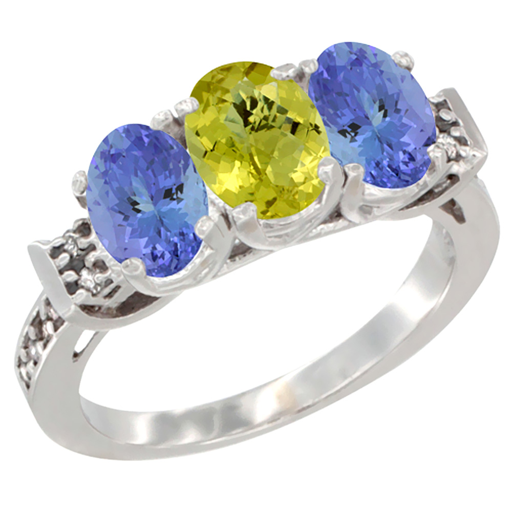 14K White Gold Natural Lemon Quartz & Tanzanite Ring 3-Stone 7x5 mm Oval Diamond Accent, sizes 5 - 10