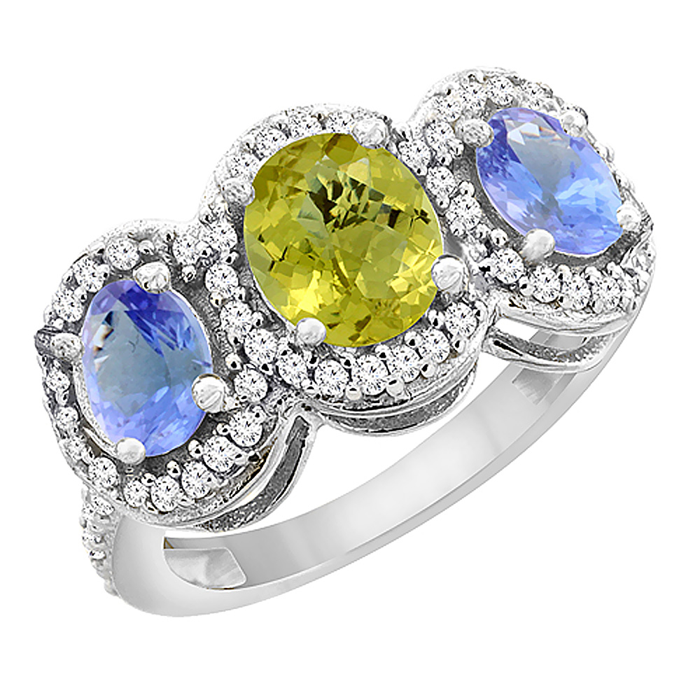 14K White Gold Natural Lemon Quartz &amp; Tanzanite 3-Stone Ring Oval Diamond Accent, sizes 5 - 10