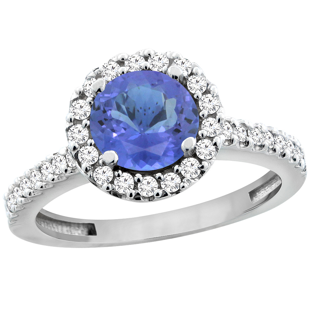 10K White Gold Natural Tanzanite Ring Round 6mm Floating Halo Diamond, sizes 5 - 10