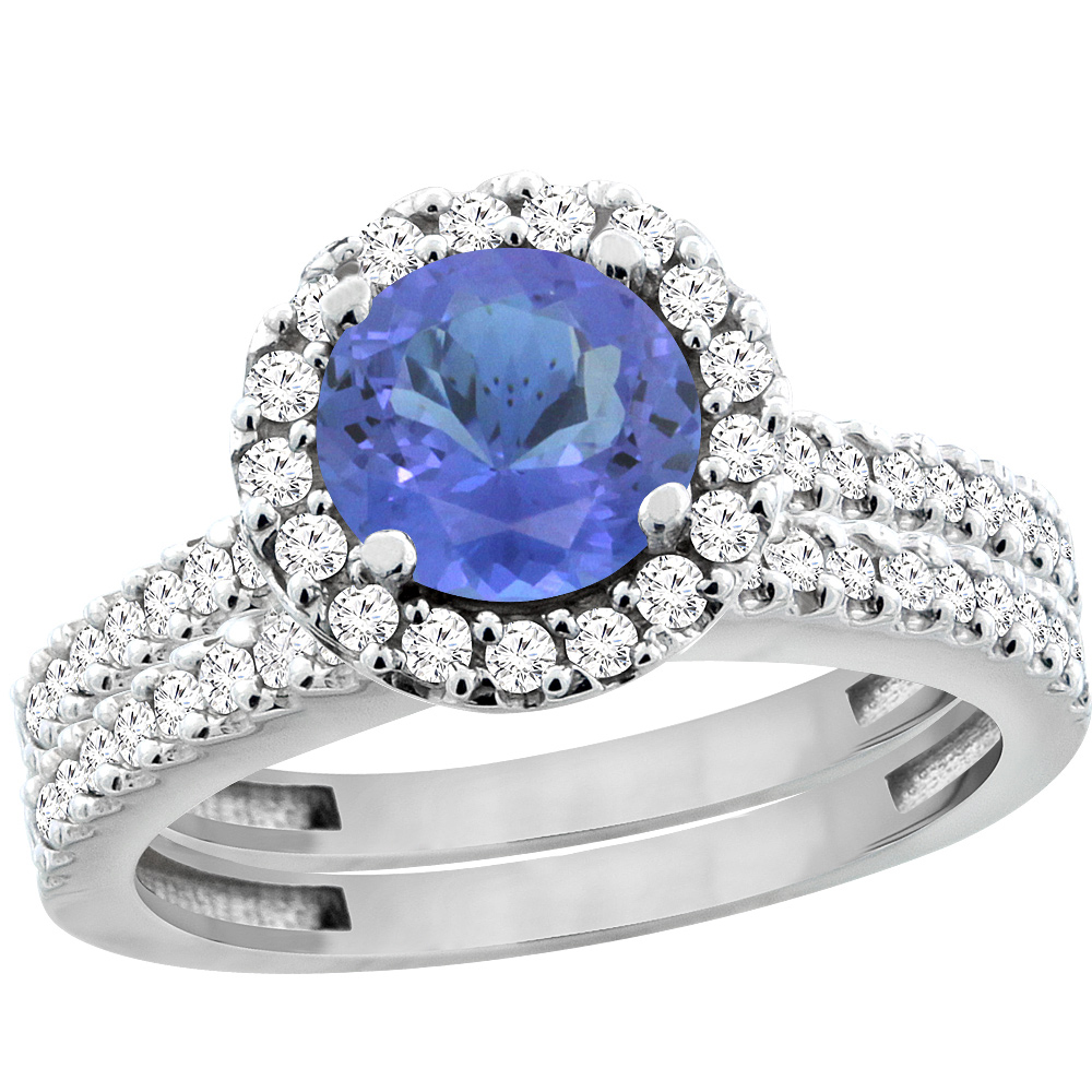 14K White Gold Natural Tanzanite Round 6mm 2-Piece Engagement Ring Set Floating Halo Diamond, sizes 5 - 10