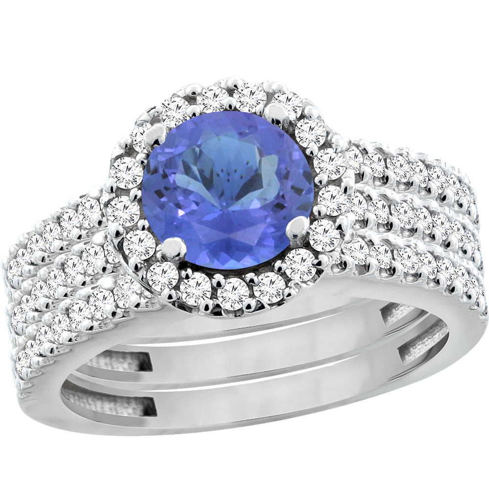 14K White Gold Natural Tanzanite 3-Piece Bridal Ring Set Round 6mm Halo Diamond, sizes 5 - 10