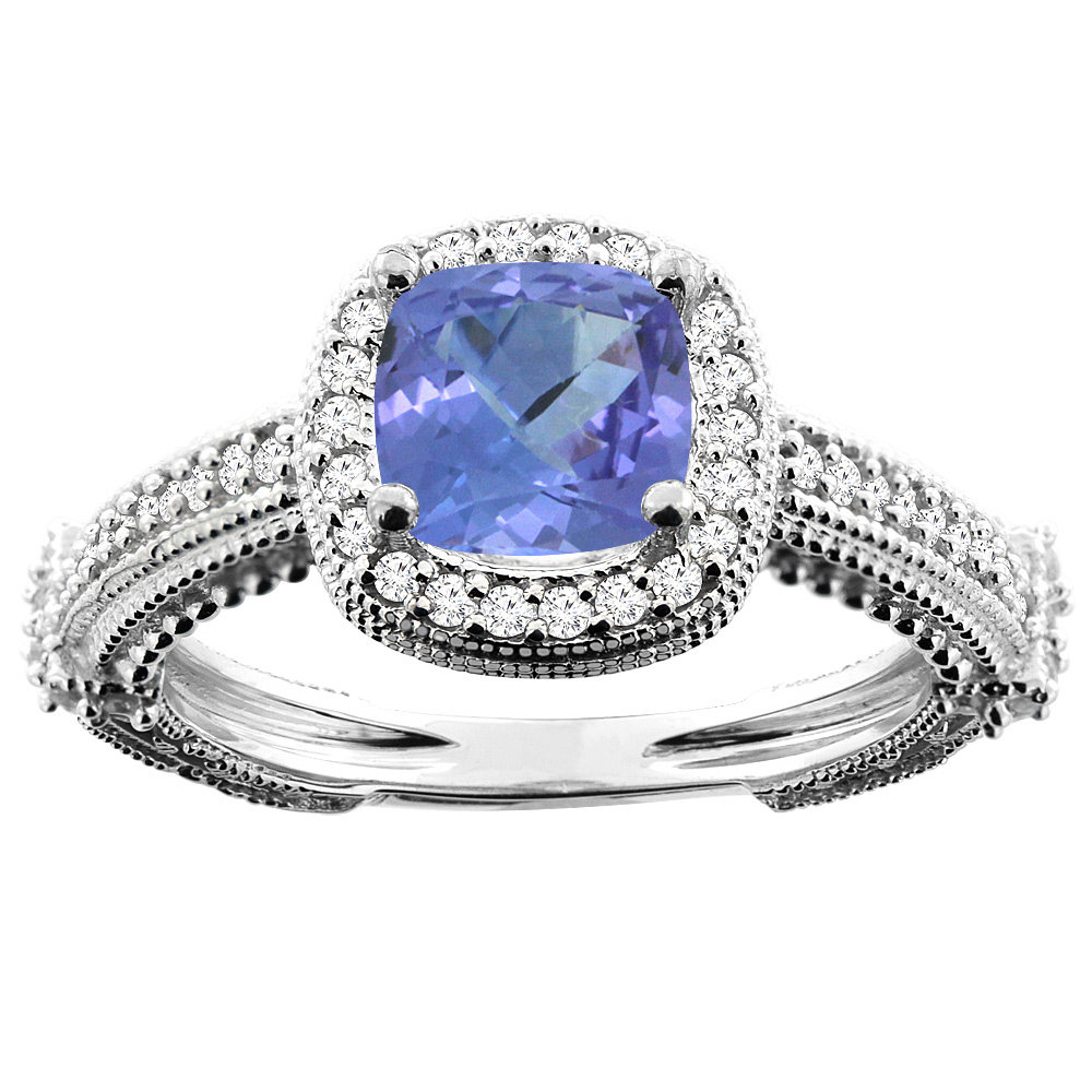 14K White/Yellow/Rose Gold Natural Tanzanite Ring Cushion 7x7mm Diamond Accent, sizes 5 - 10