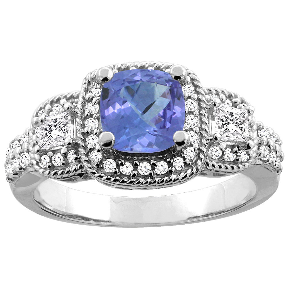 14K White/Yellow Gold Natural Tanzanite Ring Cushion-cut 6x6 mm Diamond Accent, sizes 5 - 10