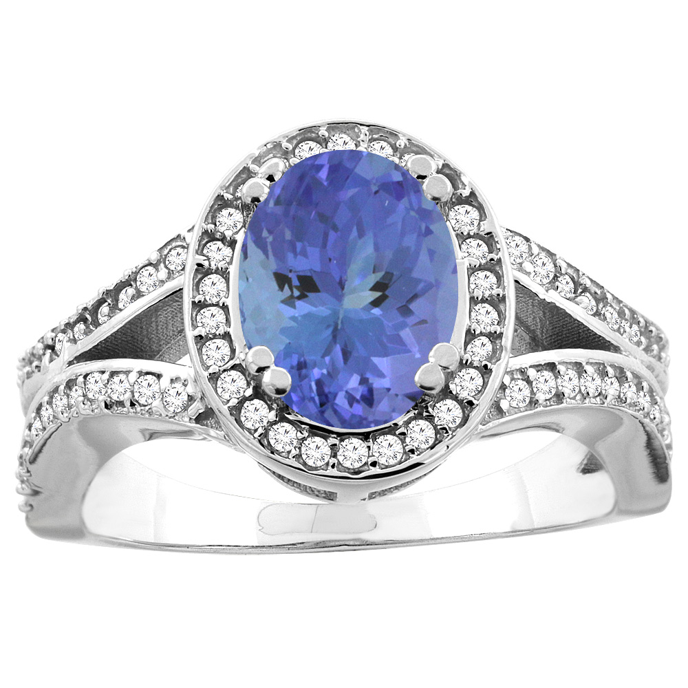 10K White/Yellow Gold Natural Tanzanite Split Ring Oval 8x6mm Diamond Accent, sizes 5 - 10