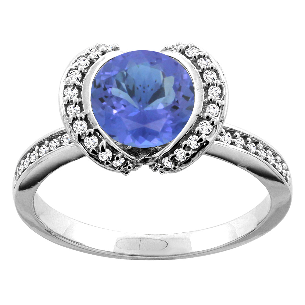 10K White/Yellow Gold Natural Tanzanite Ring Round 7mm Diamond Accent, sizes 5 - 10