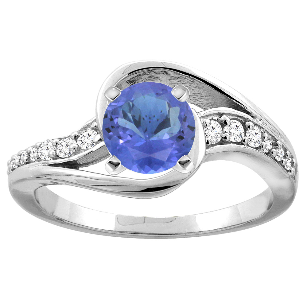 14K White/Yellow Gold Natural Tanzanite Bypass Ring Round 6mm Diamond Accent, sizes 5 - 10