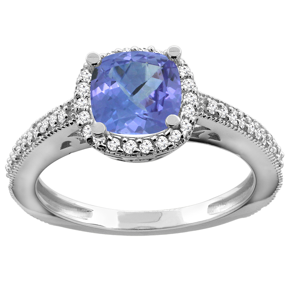 14K Yellow Gold Natural Tanzanite Engagement Ring Diamond Halo Cushion 7mm, sizes 5 - 10