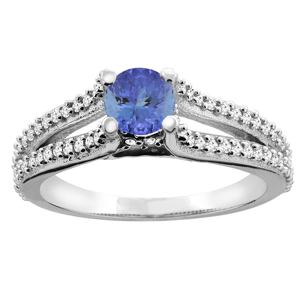 14K White Gold Natural Tanzanite Engagement Split Shank Ring Round 5mm Diamond Accents, sizes 5 - 10