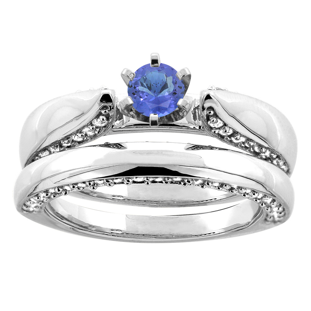 14K White Gold Natural Tanzanite 2-piece Bridal Ring Set Diamond Accents Round 5mm, sizes 5 - 10