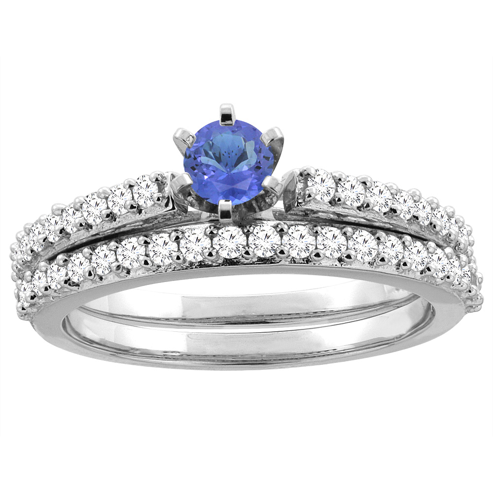 14K White Gold Natural Tanzanite 2-piece Bridal Ring Set Round 4mm, sizes 5 - 10